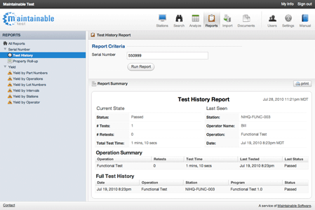 Test History Screenshot